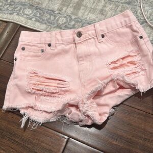 FOREVER 21 PREMIUM DENIM PINK DISTRESSED CUT-OFF SHORTS
